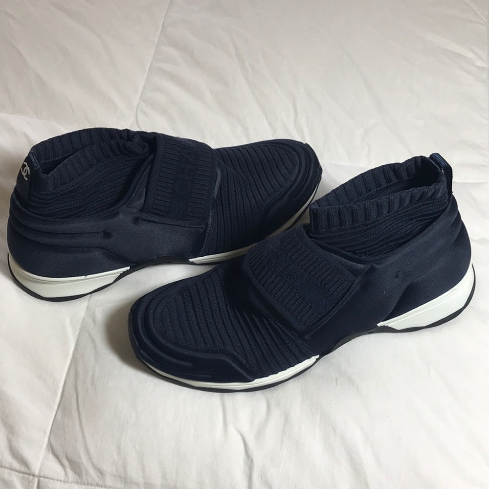 Chanel stretch fabric navy blue sneakers